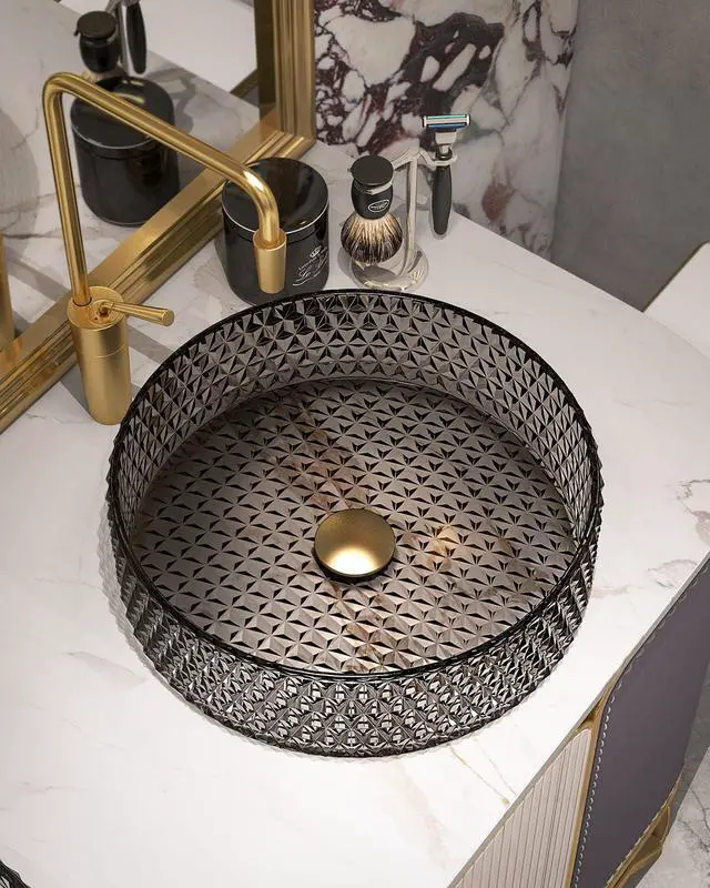 Alt view image 2 of 6 - Bathroom Vessel Sink Round Vessel Sink 15.35" x 4.33" Transparent Diamond Shaped Crystal Glass Bathroom Sink Above Counter with Pop-up Drain, Black