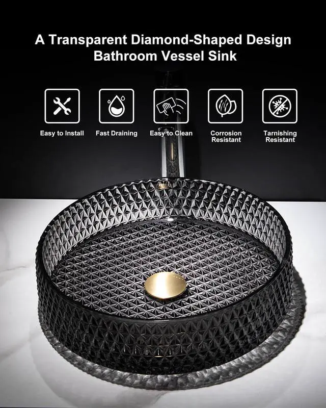 Alt view image 3 of 6 - Bathroom Vessel Sink Round Vessel Sink 15.35" x 4.33" Transparent Diamond Shaped Crystal Glass Bathroom Sink Above Counter with Pop-up Drain, Black