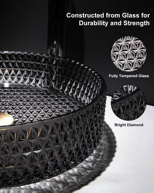 Alt view image 4 of 6 - Bathroom Vessel Sink Round Vessel Sink 15.35" x 4.33" Transparent Diamond Shaped Crystal Glass Bathroom Sink Above Counter with Pop-up Drain, Black
