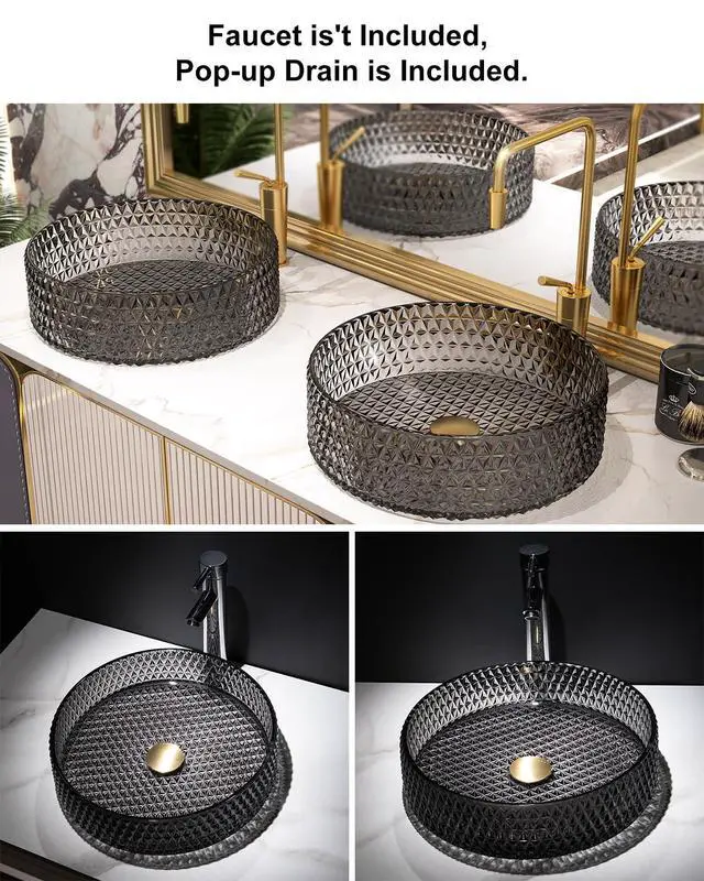 Alt view image 5 of 6 - Bathroom Vessel Sink Round Vessel Sink 15.35" x 4.33" Transparent Diamond Shaped Crystal Glass Bathroom Sink Above Counter with Pop-up Drain, Black