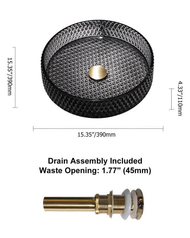 Alt view image 6 of 6 - Bathroom Vessel Sink Round Vessel Sink 15.35" x 4.33" Transparent Diamond Shaped Crystal Glass Bathroom Sink Above Counter with Pop-up Drain, Black