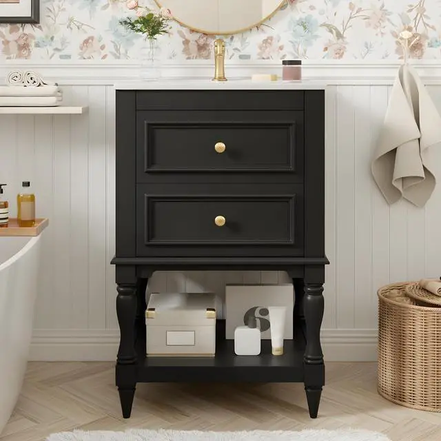 Main image of Country 20" Bathroom Vanity with Sink, Farmhouse Bathroom Vanity Storage Cabinet with 2 Drawers and Open Shelf, Solid Wood Frame Bath Storage Vanity