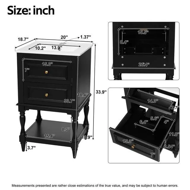 Alt view image 2 of 6 - Country 20" Bathroom Vanity with Sink, Farmhouse Bathroom Vanity Storage Cabinet with 2 Drawers and Open Shelf, Solid Wood Frame Bath Storage Vanity