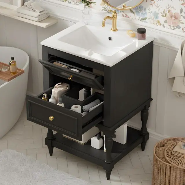 Alt view image 3 of 6 - Country 20" Bathroom Vanity with Sink, Farmhouse Bathroom Vanity Storage Cabinet with 2 Drawers and Open Shelf, Solid Wood Frame Bath Storage Vanity