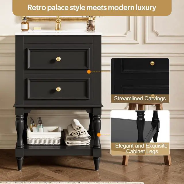 Alt view image 4 of 6 - Country 20" Bathroom Vanity with Sink, Farmhouse Bathroom Vanity Storage Cabinet with 2 Drawers and Open Shelf, Solid Wood Frame Bath Storage Vanity