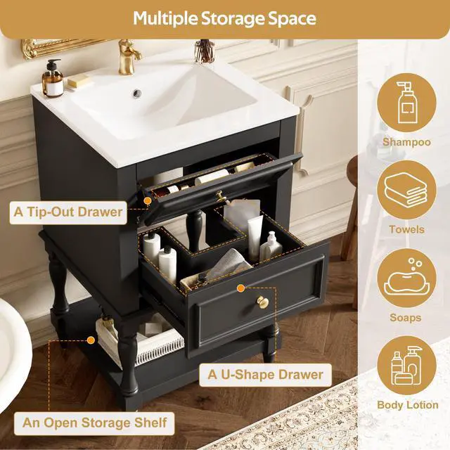 Alt view image 5 of 6 - Country 20" Bathroom Vanity with Sink, Farmhouse Bathroom Vanity Storage Cabinet with 2 Drawers and Open Shelf, Solid Wood Frame Bath Storage Vanity