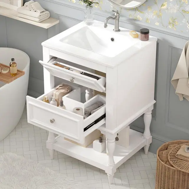 Alt view image 3 of 6 - Country 20" Bathroom Vanity with Sink, Farmhouse Bathroom Vanity Storage Cabinet with 2 Drawers and Open Shelf, Solid Wood Frame Bath Storage Vanity