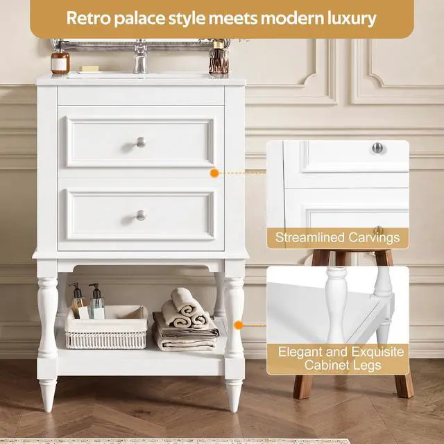 Alt view image 4 of 6 - Country 20" Bathroom Vanity with Sink, Farmhouse Bathroom Vanity Storage Cabinet with 2 Drawers and Open Shelf, Solid Wood Frame Bath Storage Vanity