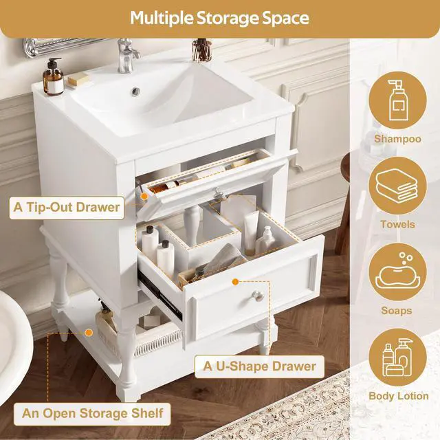 Alt view image 5 of 6 - Country 20" Bathroom Vanity with Sink, Farmhouse Bathroom Vanity Storage Cabinet with 2 Drawers and Open Shelf, Solid Wood Frame Bath Storage Vanity