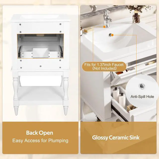 Alt view image 6 of 6 - Country 20" Bathroom Vanity with Sink, Farmhouse Bathroom Vanity Storage Cabinet with 2 Drawers and Open Shelf, Solid Wood Frame Bath Storage Vanity