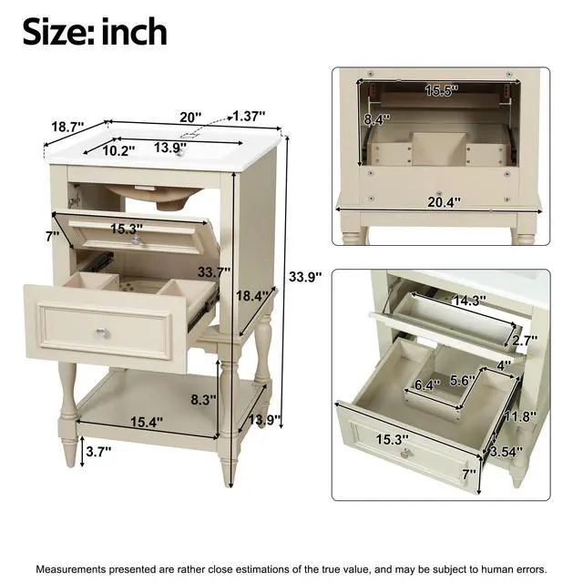 Alt view image 2 of 6 - Country 20" Bathroom Vanity with Sink, Farmhouse Bathroom Vanity Storage Cabinet with 2 Drawers and Open Shelf, Solid Wood Frame Bath Storage Vanity