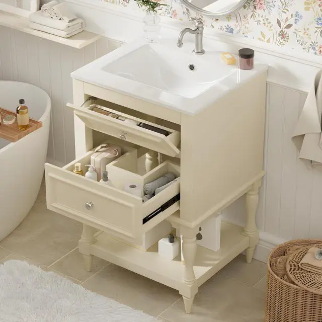 Alt view image 3 of 6 - Country 20" Bathroom Vanity with Sink, Farmhouse Bathroom Vanity Storage Cabinet with 2 Drawers and Open Shelf, Solid Wood Frame Bath Storage Vanity