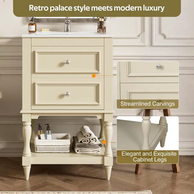 Alt view image 4 of 6 - Country 20" Bathroom Vanity with Sink, Farmhouse Bathroom Vanity Storage Cabinet with 2 Drawers and Open Shelf, Solid Wood Frame Bath Storage Vanity