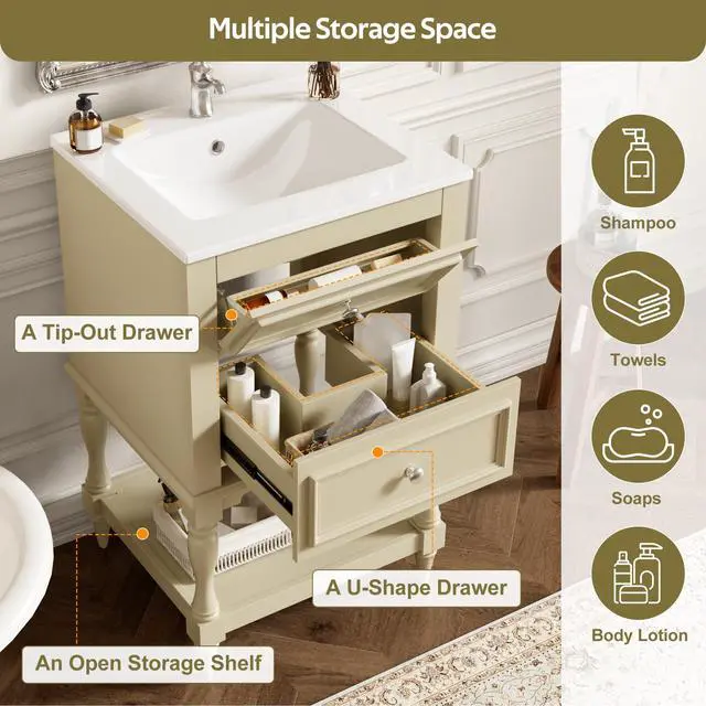 Alt view image 5 of 6 - Country 20" Bathroom Vanity with Sink, Farmhouse Bathroom Vanity Storage Cabinet with 2 Drawers and Open Shelf, Solid Wood Frame Bath Storage Vanity