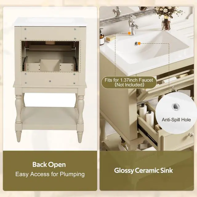 Alt view image 6 of 6 - Country 20" Bathroom Vanity with Sink, Farmhouse Bathroom Vanity Storage Cabinet with 2 Drawers and Open Shelf, Solid Wood Frame Bath Storage Vanity