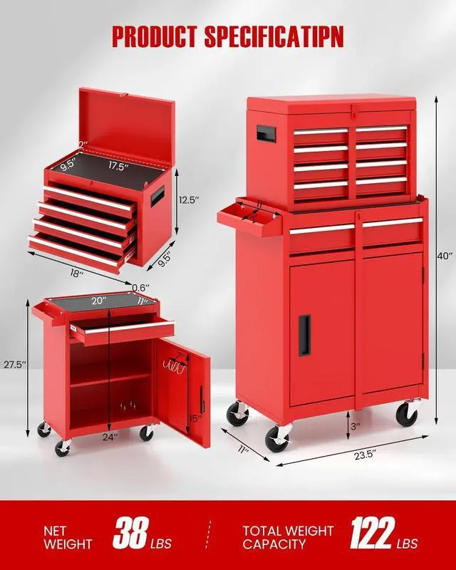Alt view image 2 of 6 - 2-in-1 Rolling Tool Chest with 5 Drawers, Heavy-Duty Metal Tool Box with Wheels, Detachable Top Tool Box & Rolling Tool Cabinet for Garage, DIY (5-Drawers, Red)