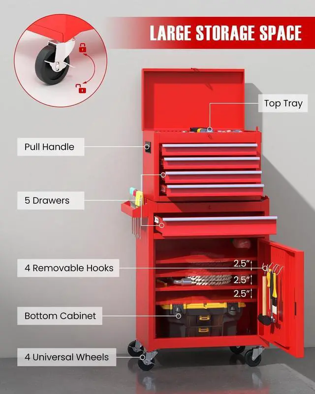 Alt view image 3 of 6 - 2-in-1 Rolling Tool Chest with 5 Drawers, Heavy-Duty Metal Tool Box with Wheels, Detachable Top Tool Box & Rolling Tool Cabinet for Garage, DIY (5-Drawers, Red)