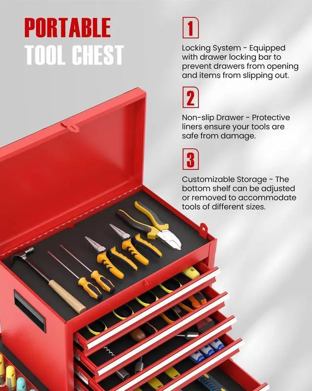 Alt view image 4 of 6 - 2-in-1 Rolling Tool Chest with 5 Drawers, Heavy-Duty Metal Tool Box with Wheels, Detachable Top Tool Box & Rolling Tool Cabinet for Garage, DIY (5-Drawers, Red)