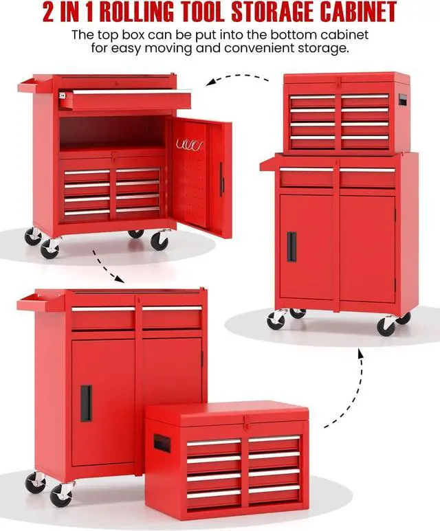 Alt view image 5 of 6 - 2-in-1 Rolling Tool Chest with 5 Drawers, Heavy-Duty Metal Tool Box with Wheels, Detachable Top Tool Box & Rolling Tool Cabinet for Garage, DIY (5-Drawers, Red)