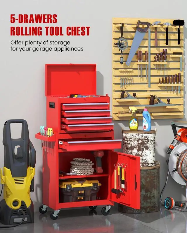 Alt view image 6 of 6 - 2-in-1 Rolling Tool Chest with 5 Drawers, Heavy-Duty Metal Tool Box with Wheels, Detachable Top Tool Box & Rolling Tool Cabinet for Garage, DIY (5-Drawers, Red)