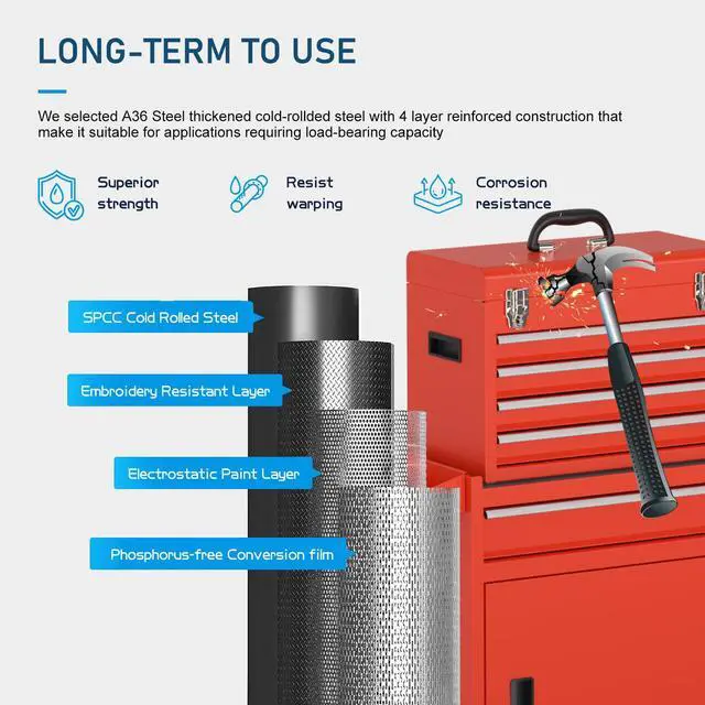 Alt view image 4 of 6 - 5-Drawers Tool Chest, 2-in-1 Mechanic Rolling Tool Box Removable Lockable Tool Storage Cabinet, Metal Tool Cart with Drawers and Wheels for Garage, Workshop