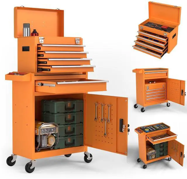 Main image of 5-Drawers Tool Chest, 2-in-1 Mechanic Rolling Tool Box Removable Lockable Tool Storage Cabinet, Metal Tool Cart with Drawers and Wheels for Workshop, Garage, Black