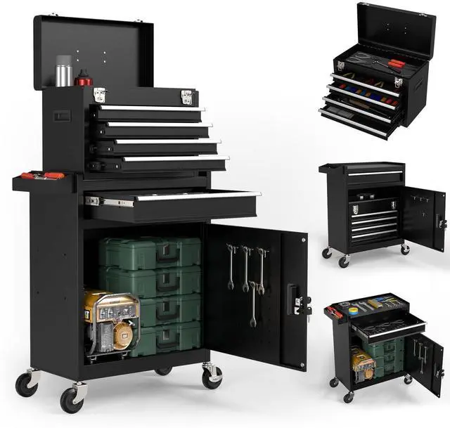 Main image of 5-Drawers Black Tool Chest, 2-in-1 Mechanic Rolling Tool Box Removable Lockable Tool Storage Cabinet, Metal Tool Cart with Drawers and Wheels for Garage, Workshop