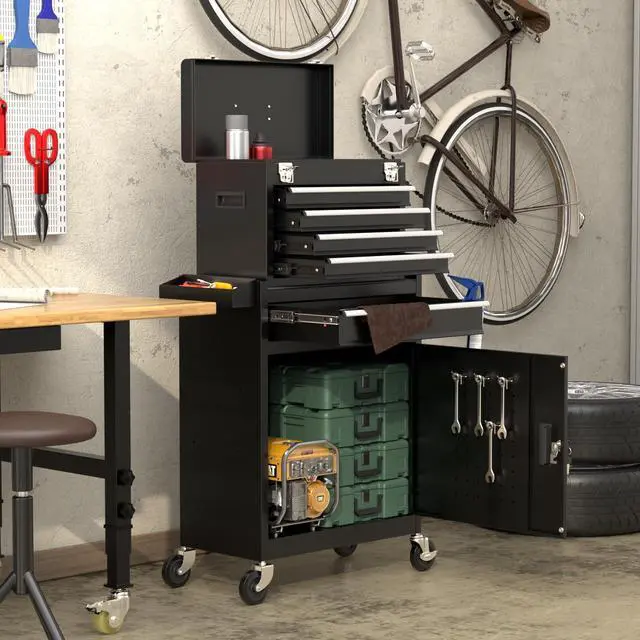 Alt view image 2 of 6 - 5-Drawers Black Tool Chest, 2-in-1 Mechanic Rolling Tool Box Removable Lockable Tool Storage Cabinet, Metal Tool Cart with Drawers and Wheels for Garage, Workshop