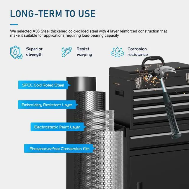 Alt view image 3 of 6 - 5-Drawers Black Tool Chest, 2-in-1 Mechanic Rolling Tool Box Removable Lockable Tool Storage Cabinet, Metal Tool Cart with Drawers and Wheels for Garage, Workshop