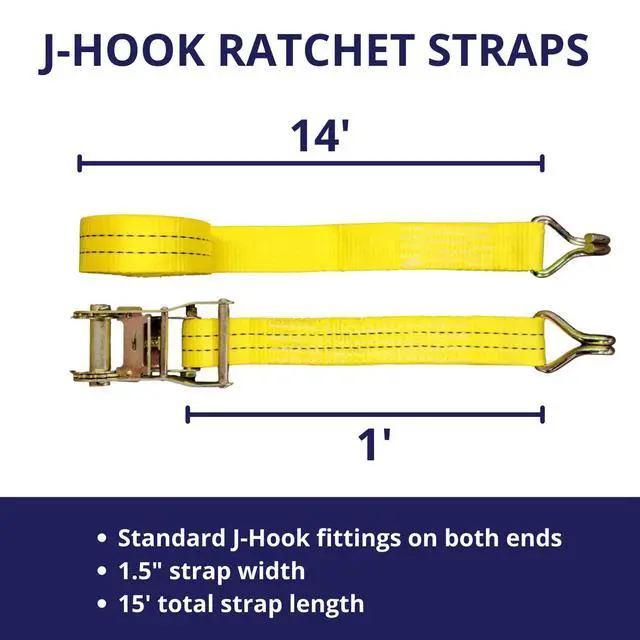 Alt view image 2 of 5 - Ratchet Tie Down Straps, 1.5 in x 15 ft, 4,400 lb Breaking Strength, J-Hook, 20-Pack