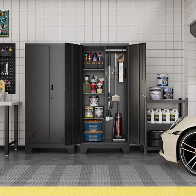 Alt view image 2 of 6 - Metal Storage Cabinet with Locking Doors, 61" Tall Garage with Hanging Rod, Broom Closet, Freestanding Bathroom Storage Cabinet, Cleaning Tool,Utility Cabinets for Storage Locker,Black