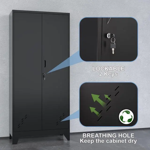 Alt view image 4 of 6 - Metal Storage Cabinet with Locking Doors, 61" Tall Garage with Hanging Rod, Broom Closet, Freestanding Bathroom Storage Cabinet, Cleaning Tool,Utility Cabinets for Storage Locker,Black