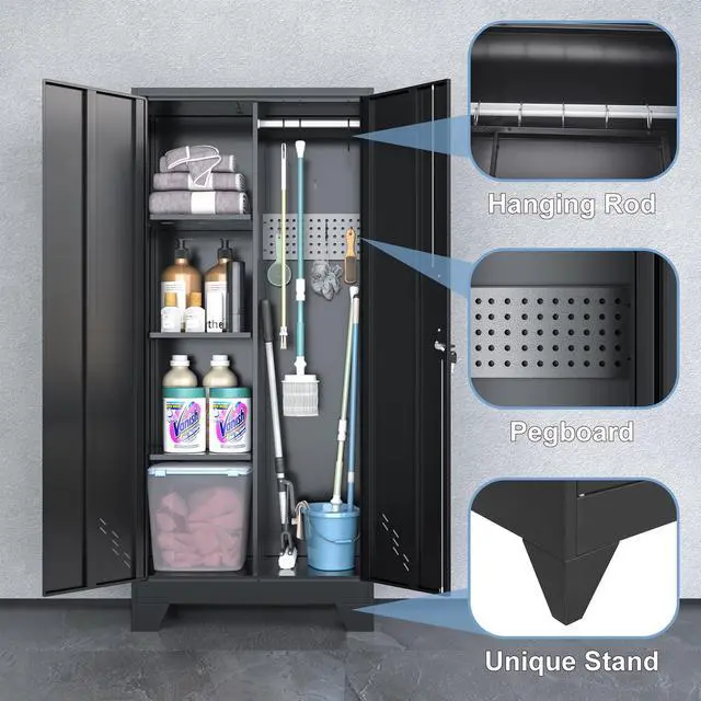 Alt view image 5 of 6 - Metal Storage Cabinet with Locking Doors, 61" Tall Garage with Hanging Rod, Broom Closet, Freestanding Bathroom Storage Cabinet, Cleaning Tool,Utility Cabinets for Storage Locker,Black