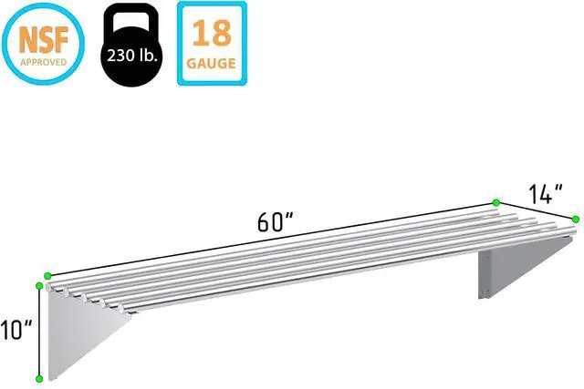 Alt view image 2 of 6 - Premium Stainless Steel Tubular Wall Shelf 14" D x 60" L | NSF Certified | Commercial Equipment & Appliance Shelf for Kitchen, Garage, Utility Room