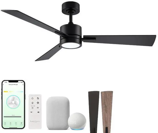 Main image of Bali 52in 3-Blade Smart Indoor or Outdoor Ceiling Fan 2700K-6000K CCT Tunable Range LED Light Kit in Matte Black with Reversible Black and Weathered Wood Blades Works With iOS or Android App