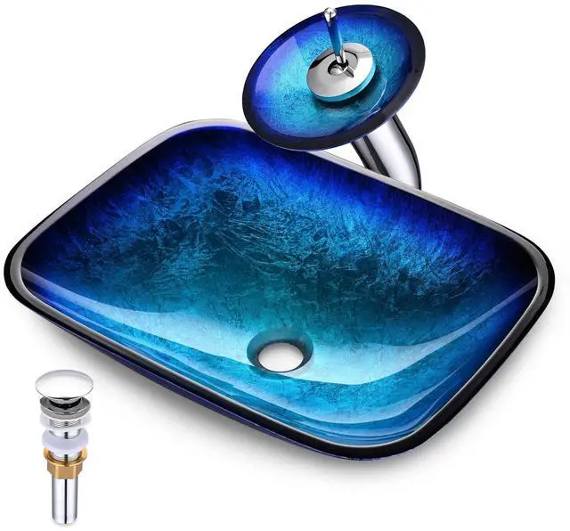 Main image of Tempered Glass Bathroom Vessel Vanity Sink Above Counter Blue with Waterfall Faucet Pop up Drain Combo Rectangle Artistic Victorian Era