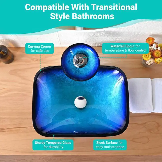 Alt view image 2 of 6 - Tempered Glass Bathroom Vessel Vanity Sink Above Counter Blue with Waterfall Faucet Pop up Drain Combo Rectangle Artistic Victorian Era
