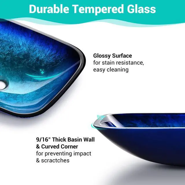 Alt view image 3 of 6 - Tempered Glass Bathroom Vessel Vanity Sink Above Counter Blue with Waterfall Faucet Pop up Drain Combo Rectangle Artistic Victorian Era