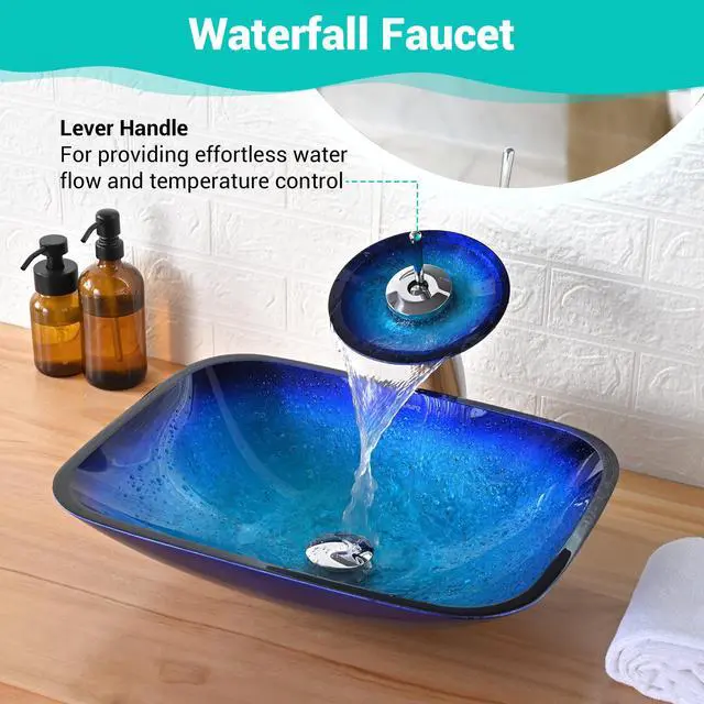 Alt view image 4 of 6 - Tempered Glass Bathroom Vessel Vanity Sink Above Counter Blue with Waterfall Faucet Pop up Drain Combo Rectangle Artistic Victorian Era
