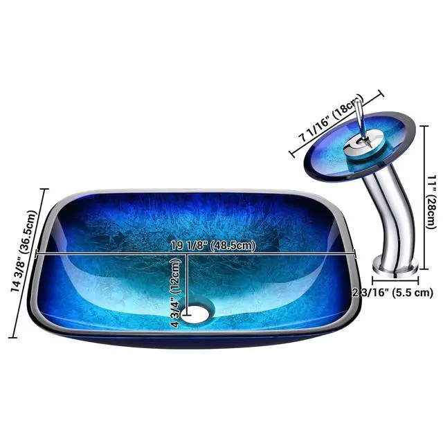 Alt view image 6 of 6 - Tempered Glass Bathroom Vessel Vanity Sink Above Counter Blue with Waterfall Faucet Pop up Drain Combo Rectangle Artistic Victorian Era