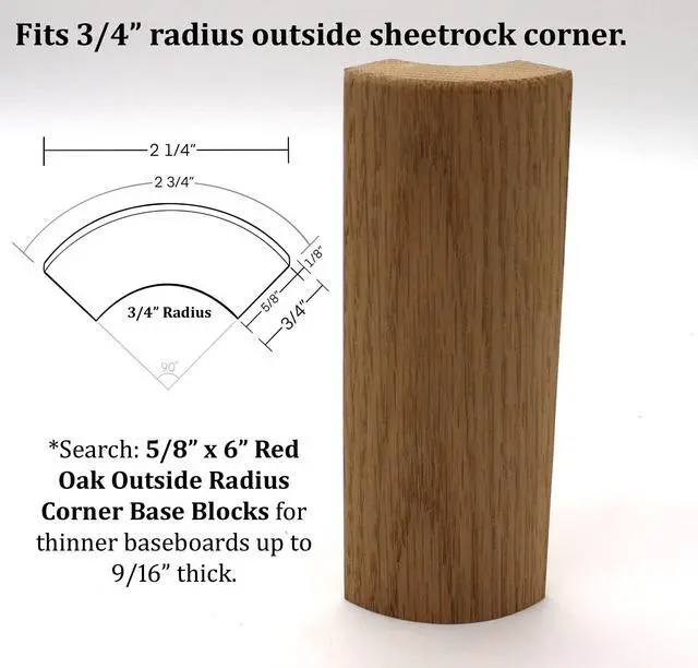 Alt view image 2 of 5 - 3/4" x 2 1/4" x 6" Oak Outside Radius Corner Base Block Bullnose - Fits 3/4" Radius, Trim Molding (50)