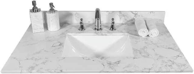 Main image of 37 Inch Bathroom Vanity Top Stone, Carrara White Engineered Marble Stone Vanity Sink Top with Undermount Ceramic Sink and Back Splash with 3 Faucet Hole for Bathrom Cabinet (37"x22"(3 Holes))