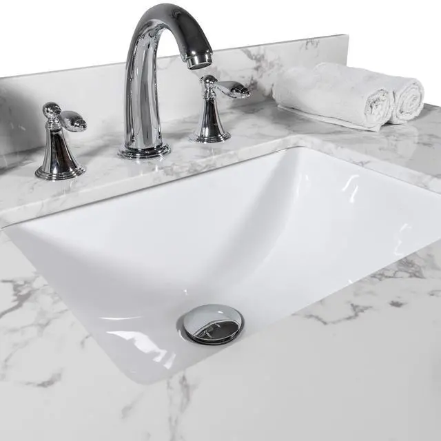 Alt view image 2 of 6 - 37 Inch Bathroom Vanity Top Stone, Carrara White Engineered Marble Stone Vanity Sink Top with Undermount Ceramic Sink and Back Splash with 3 Faucet Hole for Bathrom Cabinet (37"x22"(3 Holes))