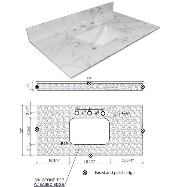 Alt view image 3 of 6 - 37 Inch Bathroom Vanity Top Stone, Carrara White Engineered Marble Stone Vanity Sink Top with Undermount Ceramic Sink and Back Splash with 3 Faucet Hole for Bathrom Cabinet (37"x22"(3 Holes))