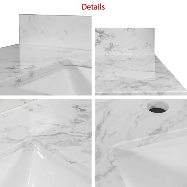 Alt view image 5 of 6 - 37 Inch Bathroom Vanity Top Stone, Carrara White Engineered Marble Stone Vanity Sink Top with Undermount Ceramic Sink and Back Splash with 3 Faucet Hole for Bathrom Cabinet (37"x22"(3 Holes))