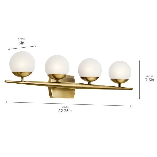 Alt view image 2 of 4 - Jasper 32.25" 4 Light Halogen Vanity Light with Satin Etched Cased Opal Glass Natural Brass