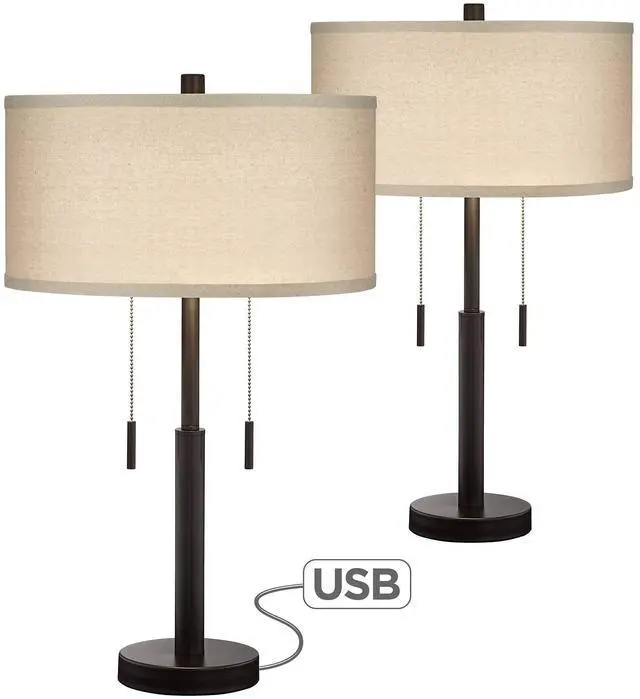 Main image of Bernie Industrial Nightstand Table Lamp 25" High Set of 2 with Hotel Style USB Charging Port Rich Bronze Metal Fabric Drum Shade for Living Room Desk Bedroom House Bedside Home