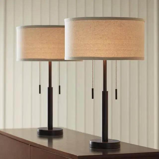 Alt view image 2 of 6 - Bernie Industrial Nightstand Table Lamp 25" High Set of 2 with Hotel Style USB Charging Port Rich Bronze Metal Fabric Drum Shade for Living Room Desk Bedroom House Bedside Home