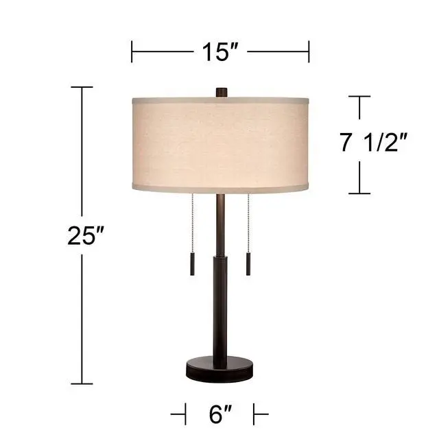 Alt view image 3 of 6 - Bernie Industrial Nightstand Table Lamp 25" High Set of 2 with Hotel Style USB Charging Port Rich Bronze Metal Fabric Drum Shade for Living Room Desk Bedroom House Bedside Home