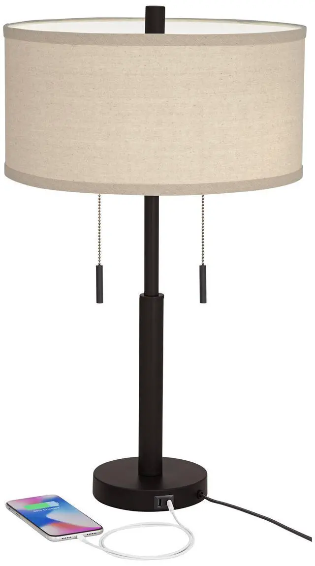Alt view image 4 of 6 - Bernie Industrial Nightstand Table Lamp 25" High Set of 2 with Hotel Style USB Charging Port Rich Bronze Metal Fabric Drum Shade for Living Room Desk Bedroom House Bedside Home